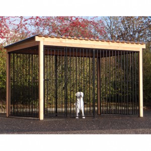 Chenil pour chien FLINQ noir avec toit et cadre en bois de Douglas 342x185cm