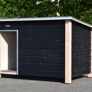 La niche pour chien « Loebas » est fabriquée en bois d’épicéa imprégné noir et finie avec un cadre en bois de douglas.
