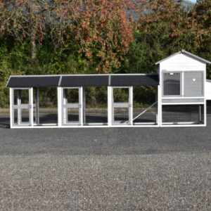 Le poulailler Prestige Medium est étendue avec 3 enclos et une pondoir