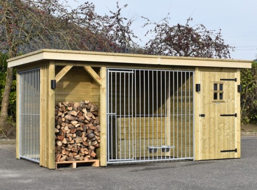 Chenil pour chien Modul COMBI avec espace pour bois de chauffage et espace du stockage 462x240x209cm