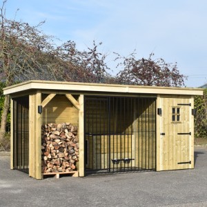 Chenil pour chien Modul COMBI avec espace de stockage et espace pour bois de chauffage 462x241x209cm