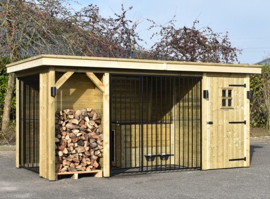 Chenil pour chien Modul COMBI avec espace de stockage et espace pour bois de chauffage 462x241x209cm