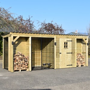 Chenil pour chien Modul COMBI avec espace de stockage, auvent et espaces pour bois de chauffage 553x185x209cm