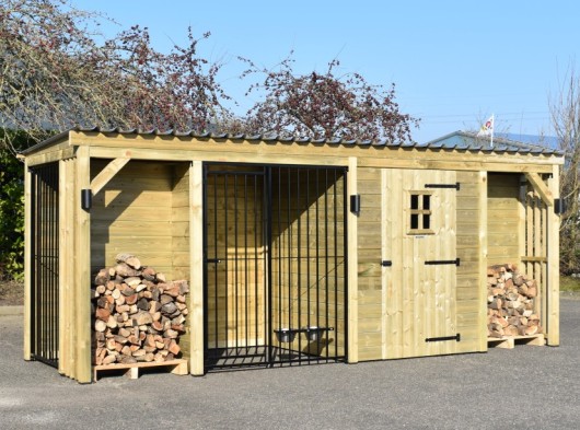 Chenil pour chien Modul COMBI avec espace de stockage, auvent et 2 espaces pour bois de chauffage 553x185x209cm