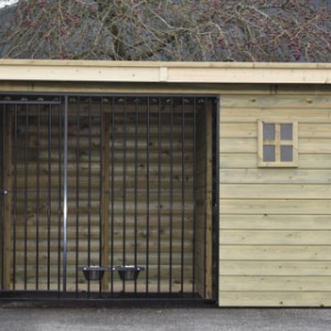 Un vu dans l'avant du chenil pour chien en bois Modul FORZ