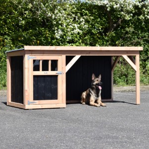 Niche pour chien Isa 2 avec véranda · Douglas/noir · 242x122x113cm