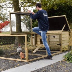 Poulailler Eggy avec enclos et pondoir - Grâce au premier panneau plus bas, vous pouvez facilement entrer dans l'enclos.