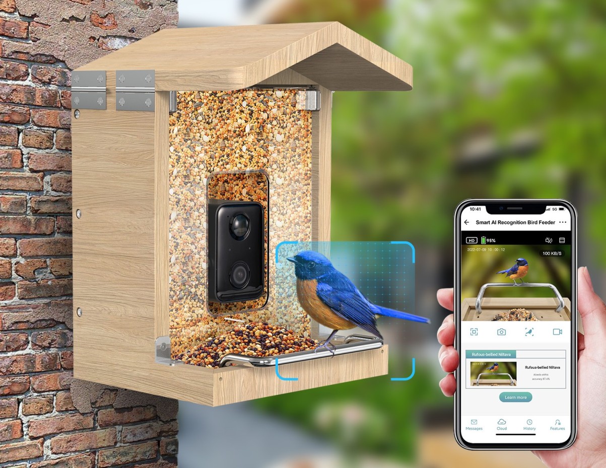 Mangeoire à oiseaux avec caméra et panneau solaire