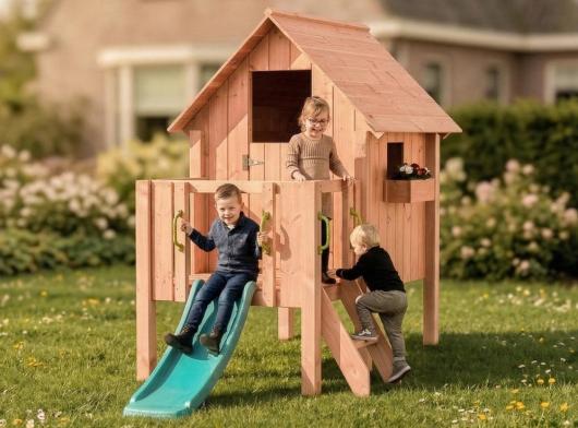 Maisonnette Dream 60 avec toboggan JoyPet · Bois de Douglas