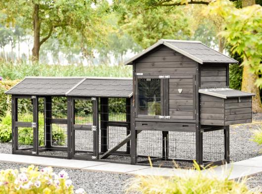 Poulailler Prestige Medium Black avec 2 enclos et pondoir · 326x91x150cm