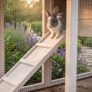 Les lapins peuvent facilement accéder à l’abri de nuit grâce à la rampe