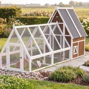 Clapier Pip avec enclos au style ferme, avec toit à deux pans élevé et allure champêtre caractéristique