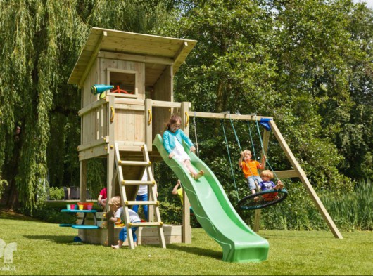 Équipment de jeu Beach hut bas avec toboggan, balançoire, mur d'escalade & set de pique-nique